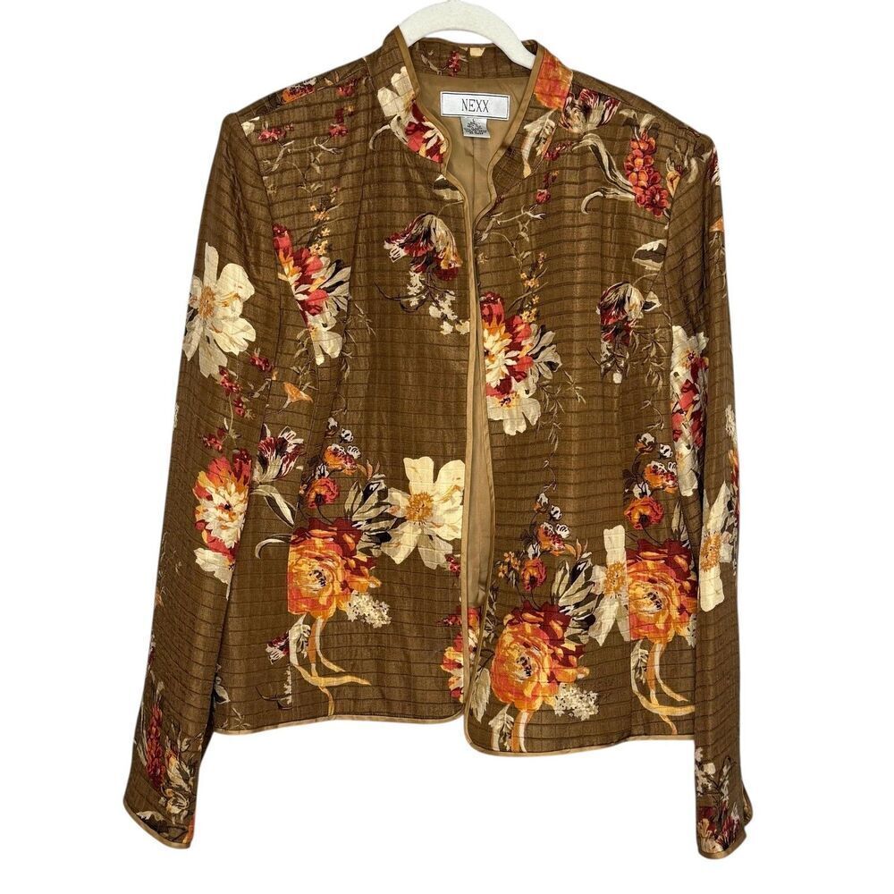 NEXX Jacket Womens Large Brown Floral Silk Linen Blend Quilted Open Front Lined